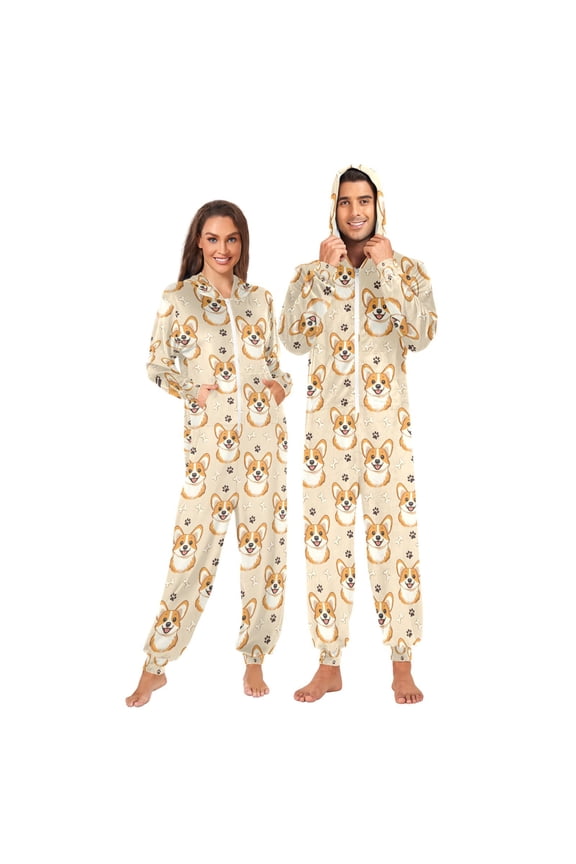 Cute Corgi Dog Bone Footprint Unisex Adults Onesies Pajamas Jumpsuits XL