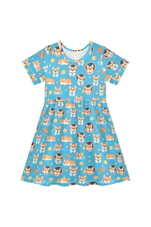 Cute Corgi Dog Space Girls' Short Sleeve Dress Kids Dresses 4T