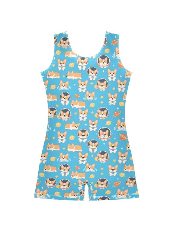 Cute Corgi Dog Space Pattern Girls Leotards Gymnastics Tumbling Outfit Biketard Unitard 5-6Years