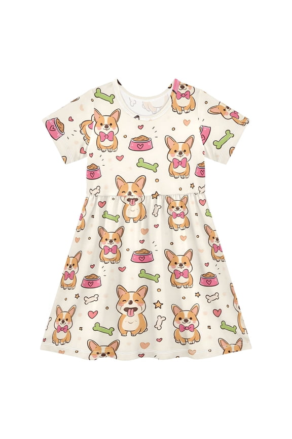 Cute Corgi Dogs Bones Girls' Short Sleeve Dress Kids Dresses 4T