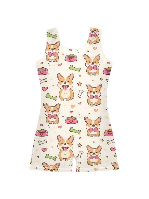 Cute Corgi Dogs Bones Pattern Girls Leotards Gymnastics Tumbling Outfit Biketard Unitard 5-6Years