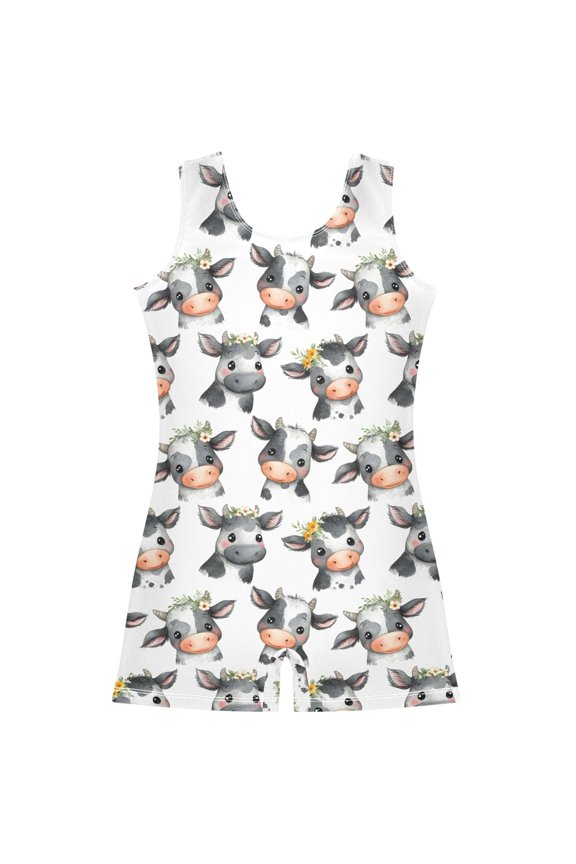 Cute Cow with Flower Pattern Girls Leotards Gymnastics Tumbling Outfit Biketard Unitard 5-6Years