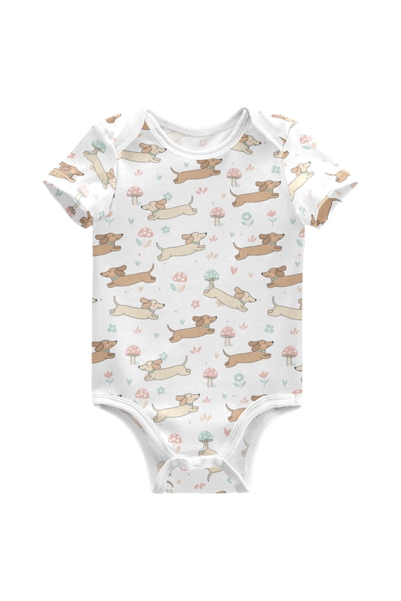 Cute Dachshund Dog Mushrooms Pattern Baby Bodysuits Short Sleeve Cotton Onesies Clothes 3Months