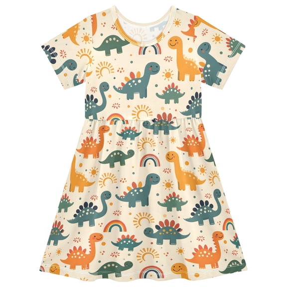 joogoo Cute Dinosaurs Girls' Short Sleeve Dress Kids Dresses 5-6T