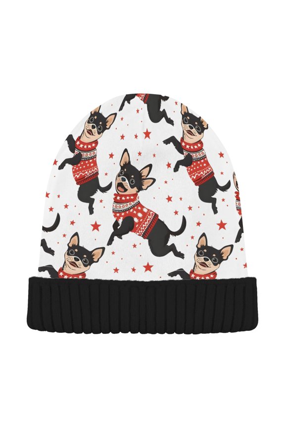 Cute Dog Jumping and Star Beanie Hats Men Women Cuffed Skull Cap Winter Warm Knit Thick Beanies