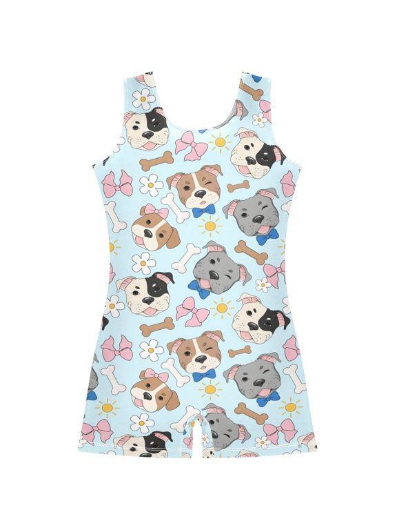 Cute Dogs Bows Pattern Girls Leotards Gymnastics Tumbling Outfit Biketard Unitard 7-8Years