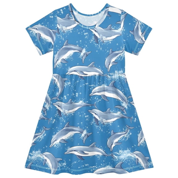 joogoo Cute Dolphins Girls' Short Sleeve Dress Kids Dresses 5-6T