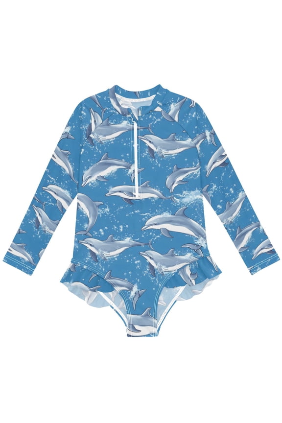Cute Dolphins Pattern Girls One-Piece Swimsuits UPF 50+ Long Sleeve Rash Guard Bathing Suit 5-6 Years