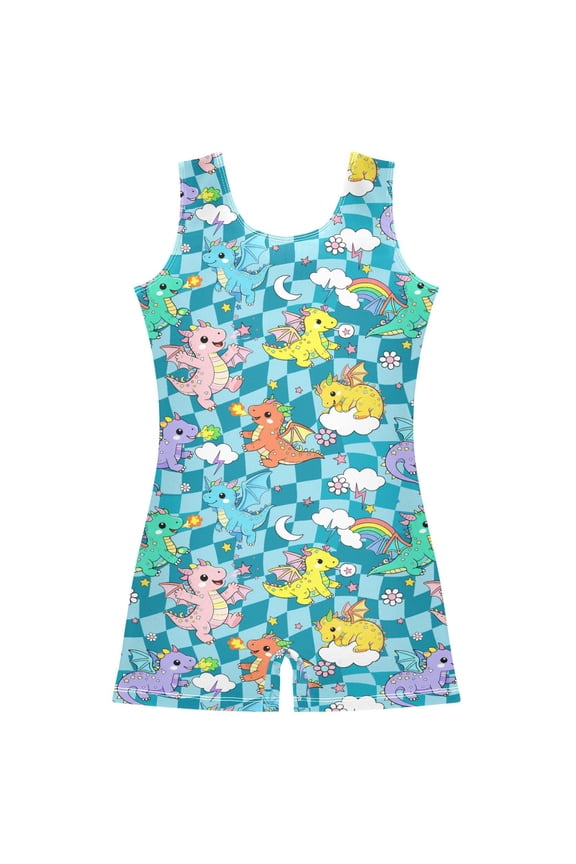 Cute Dragons Checkered Pattern Girls Leotards Gymnastics Tumbling Outfit Biketard Unitard 5-6Years