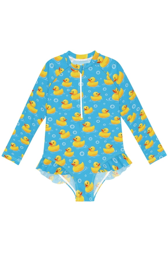 Cute Ducks Bubbles Pattern Girls One-Piece Swimsuits UPF 50+ Long Sleeve Rash Guard Bathing Suit 3 Years