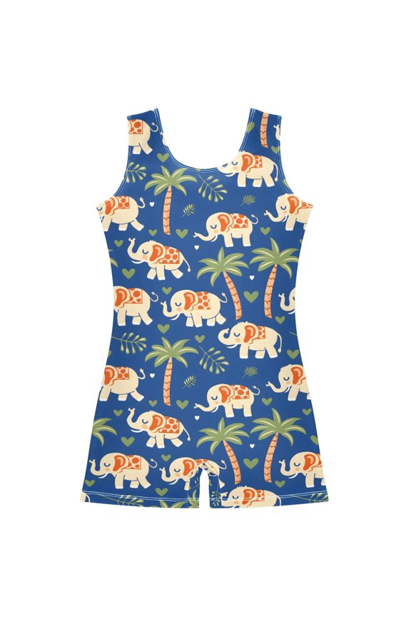 Cute Elephants Palm Trees Pattern Girls Leotards Gymnastics Tumbling Outfit Biketard Unitard 5-6Years