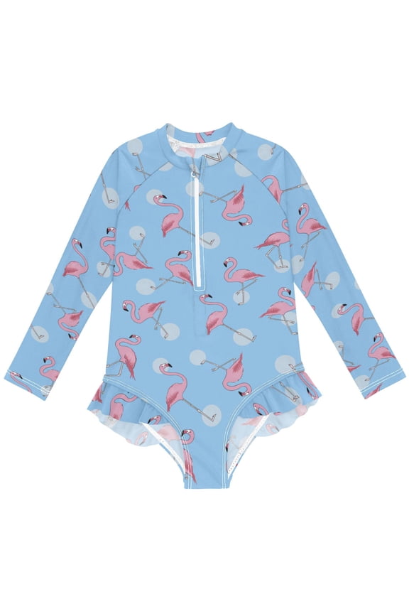Cute Flamingo Pattern Girls One-Piece Swimsuits UPF 50+ Long Sleeve Rash Guard Bathing Suit 7-8 Years