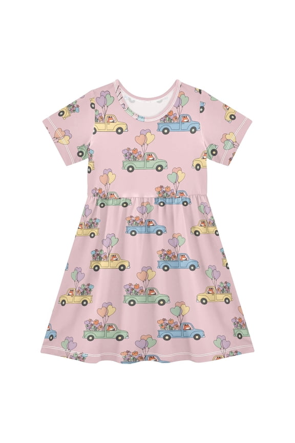 Cute Fox Driving Girls' Short Sleeve Dress Kids Dresses 2T