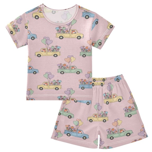joogoo Cute Fox Driving Pattern Pajama Sets Short Sleeve Cotton 2-Piece Sleepwear 14Y
