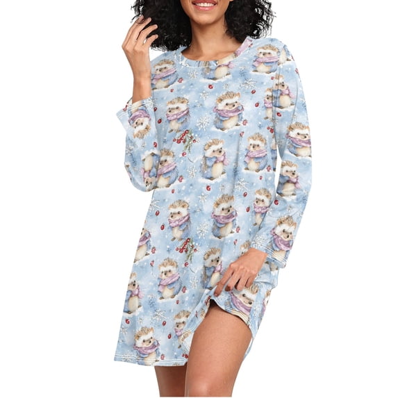 joogoo Cute Hedgehog Women's Long Sleeve Nightgown Sleepwear L