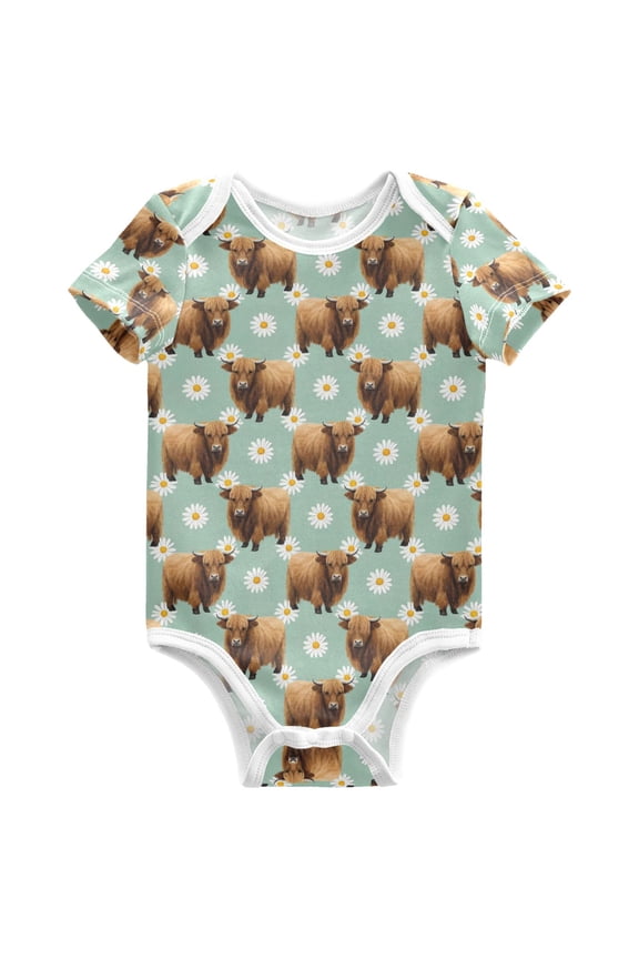 Cute Highland Cattle Pattern Baby Bodysuits Short Sleeve Cotton Onesies Clothes 12Months