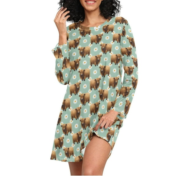 joogoo Cute Highland Cattle Women's Long Sleeve Nightgown Sleepwear L