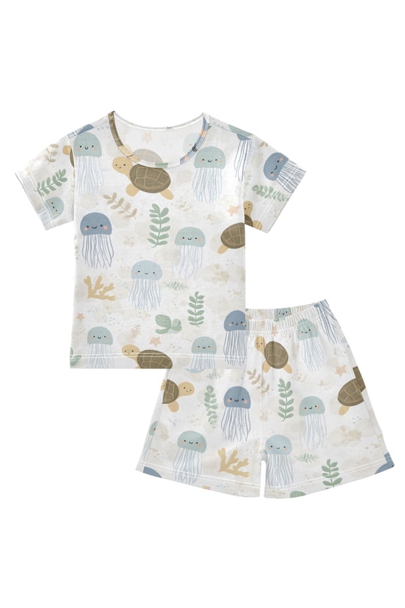 Cute Jellyfish Turtles Pajama Sets Short Sleeve Cotton 2-Piece Sleepwear 10Y