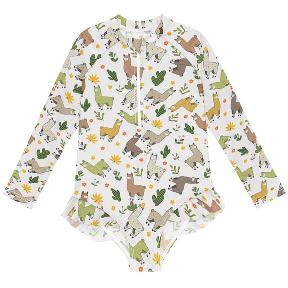joogoo Cute Llama Pattern Girls One-Piece Swimsuits UPF 50+ Long Sleeve Rash Guard Bathing Suit 11-12 Years