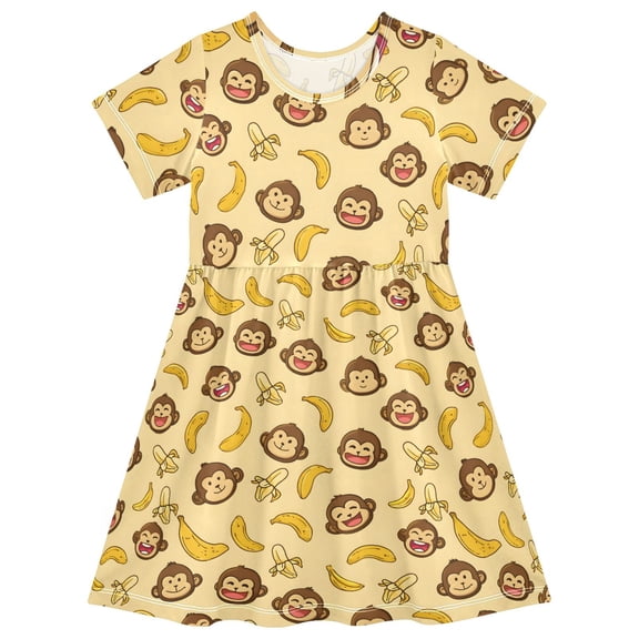 joogoo Cute Monkey Banana Girls' Short Sleeve Dress Kids Dresses 5-6T
