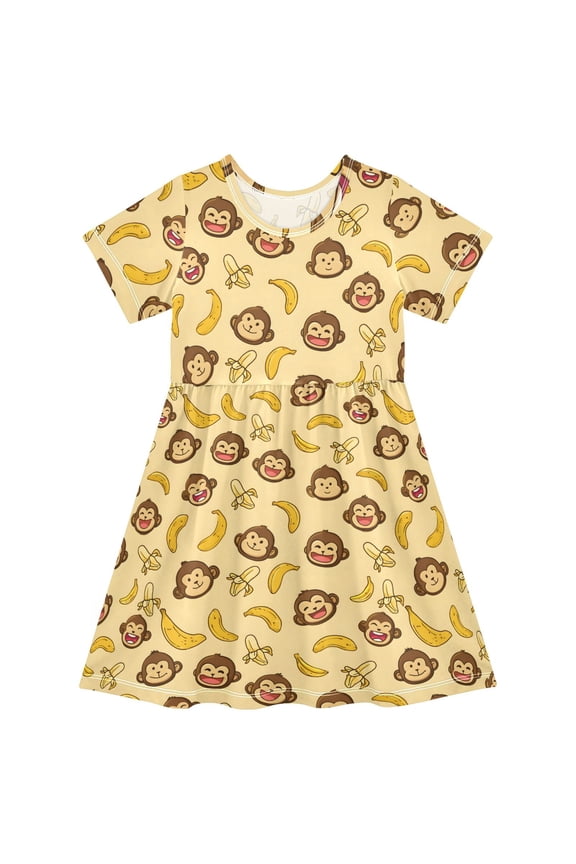 Cute Monkey Banana Girls' Short Sleeve Dress Kids Dresses 5-6T