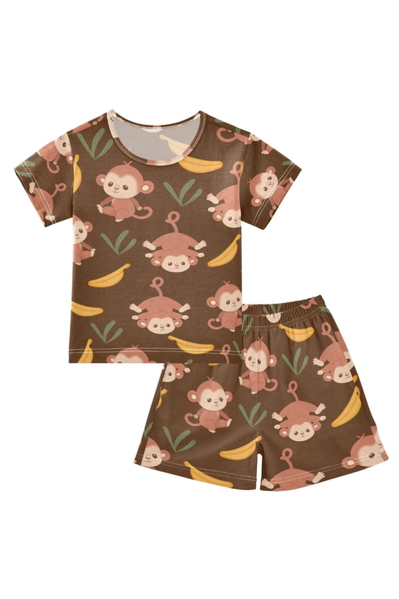 Cute Monkey Banana Pajama Sets Short Sleeve Cotton 2-Piece Sleepwear 5Y