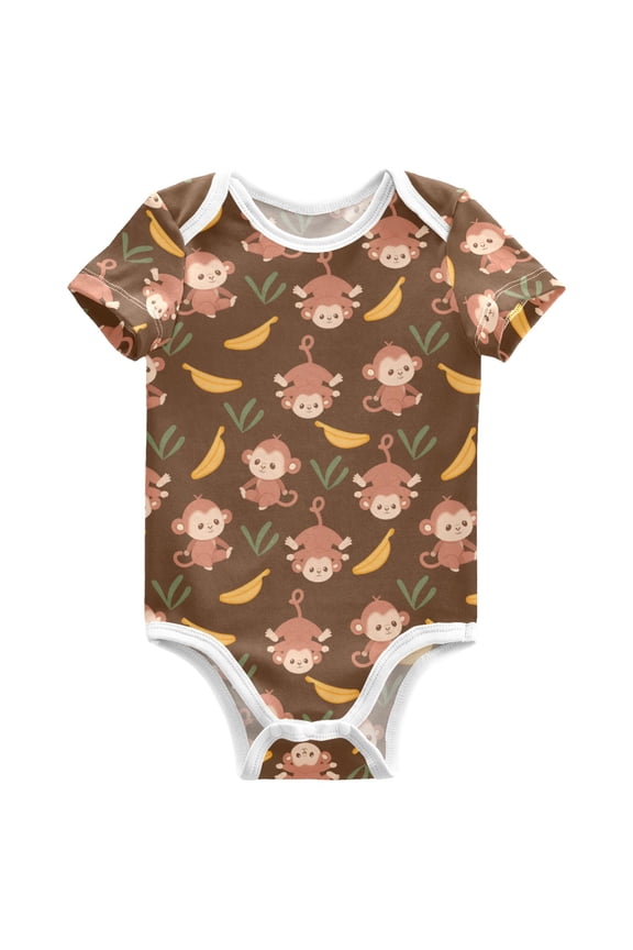 Cute Monkey Banana Pattern Baby Bodysuits Short Sleeve Cotton Onesies Clothes 24Months