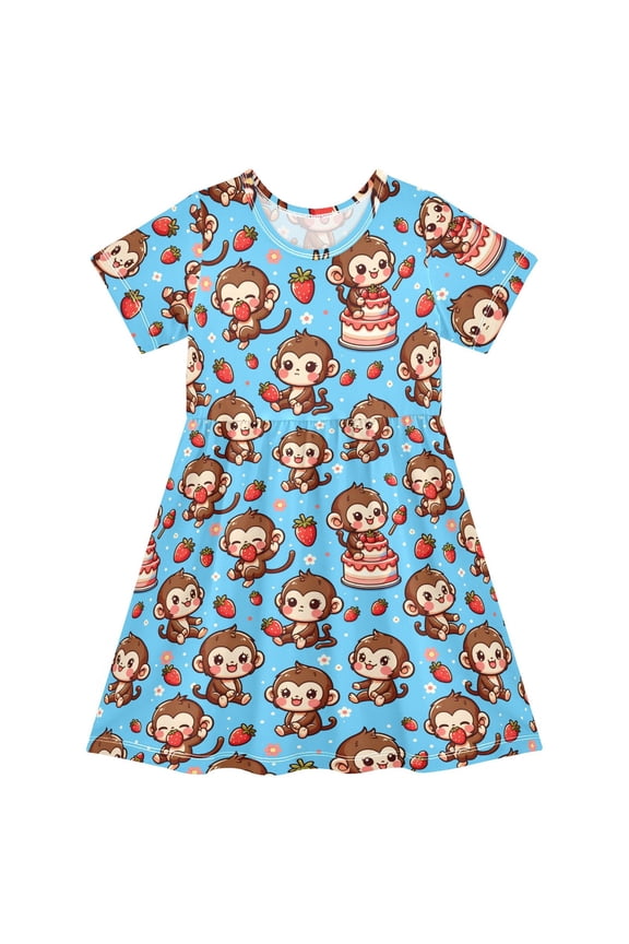 Cute Monkey and Strawberry Girls' Short Sleeve Dress Kids Dresses 5-6T