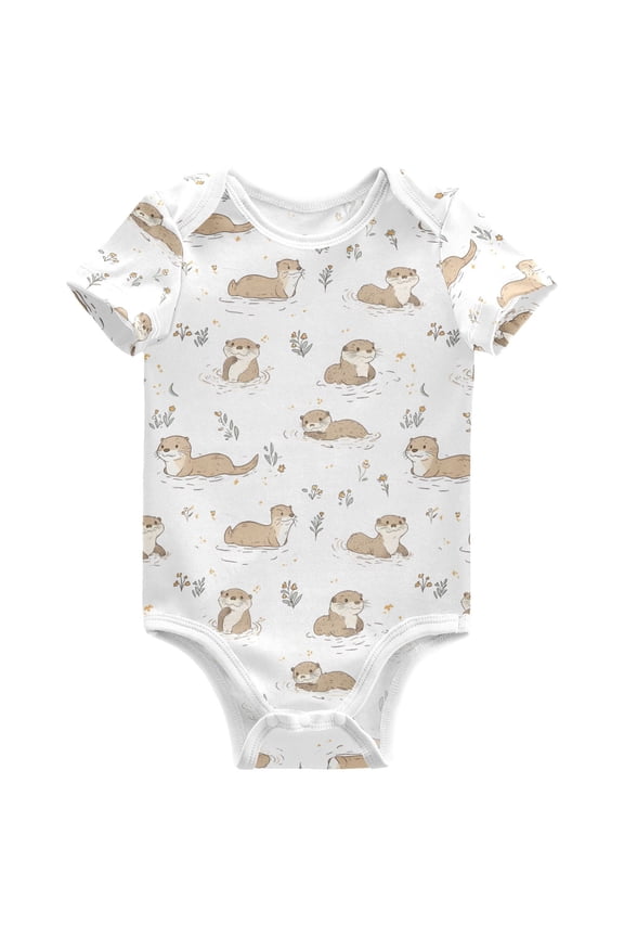 Cute Otters Flower Pattern Baby Bodysuits Short Sleeve Cotton Onesies Clothes 9Months