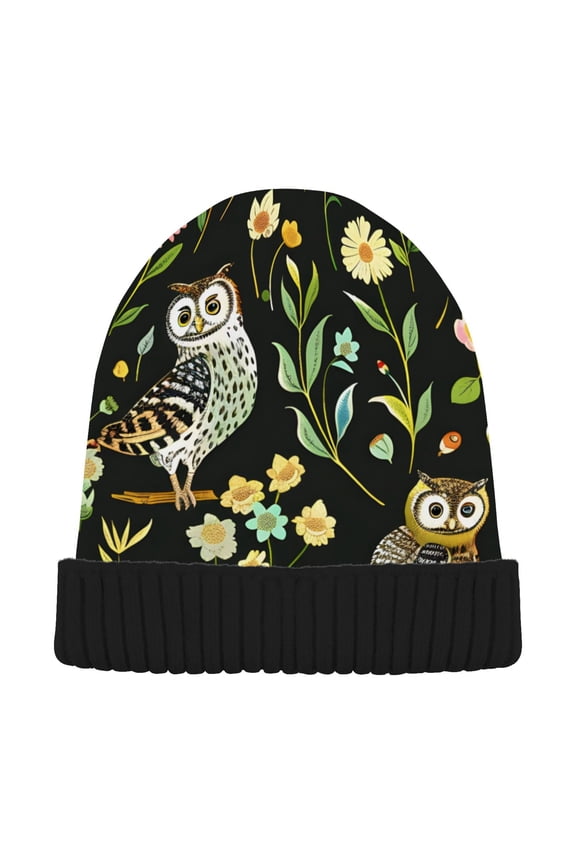Cute Owls in Daisy Floral Beanie Hats Men Women Cuffed Skull Cap Winter Warm Knit Thick Beanies