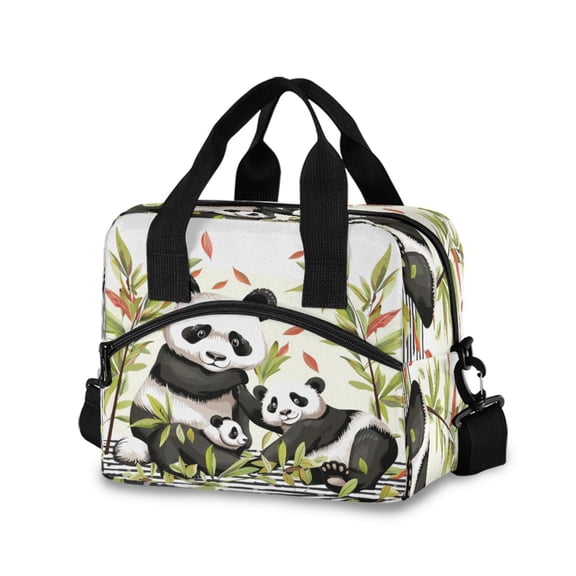 joogoo Cute Panda Family Leaves Insulated Lunch Bags Reusable Cooler Box with Shoulder Strap