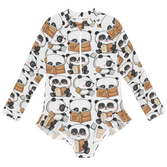 joogoo Cute Pandas Reading Pattern Girls One-Piece Swimsuits UPF 50+ Long Sleeve Rash Guard Bathing Suit 7-8 Years