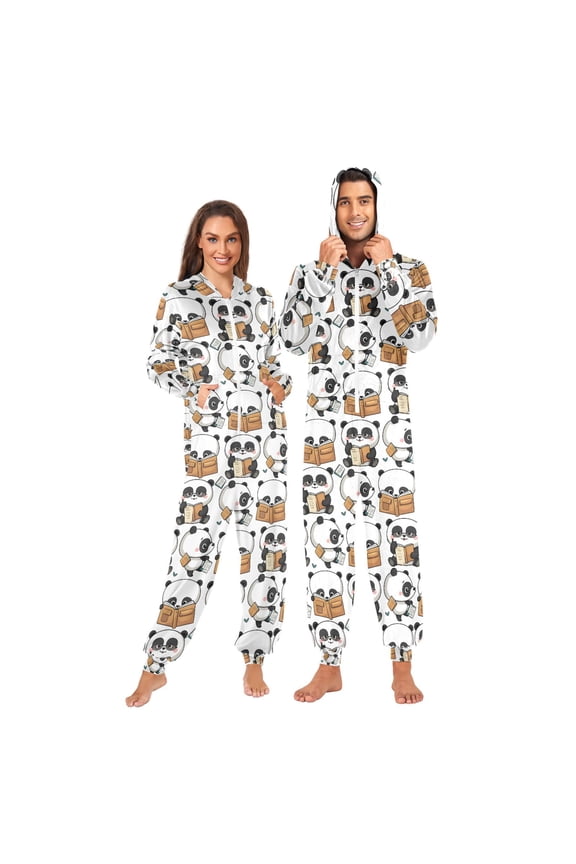 Cute Pandas Reading Unisex Adults Onesies Pajamas Jumpsuits L