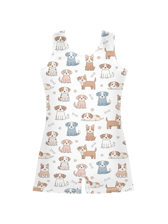 Cute Puppy Dog Pattern Girls Leotards Gymnastics Tumbling Outfit Biketard Unitard 9-10Years