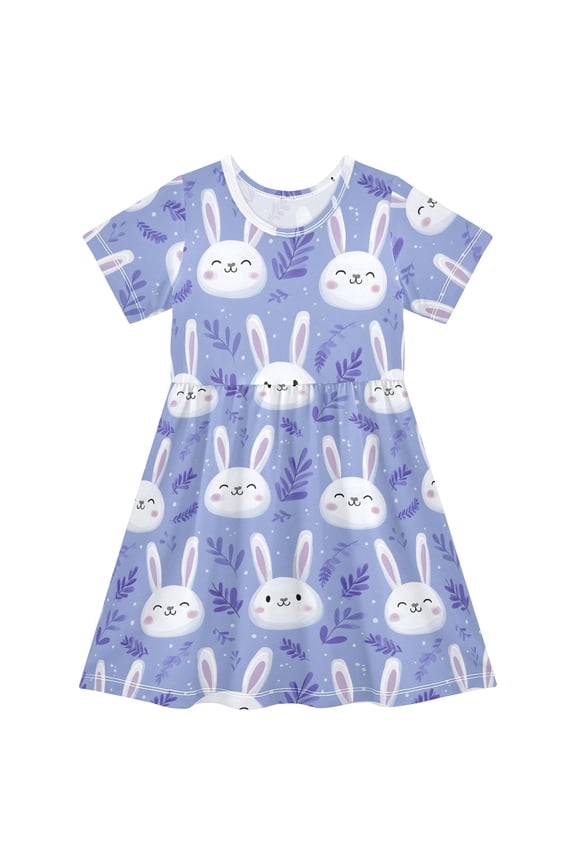 Cute Rabbit Leaf Girls' Short Sleeve Dress Kids Dresses 5-6T