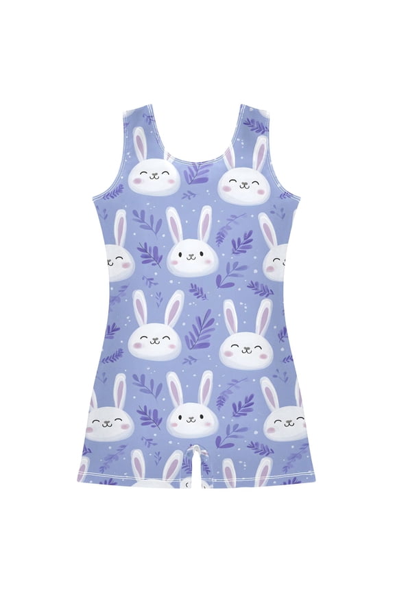 Cute Rabbit Leaf Pattern Girls Leotards Gymnastics Tumbling Outfit Biketard Unitard 7-8Years