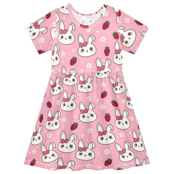 joogoo Cute Rabbit Strawberry Star Girls' Short Sleeve Dress Kids Dresses 5-6T