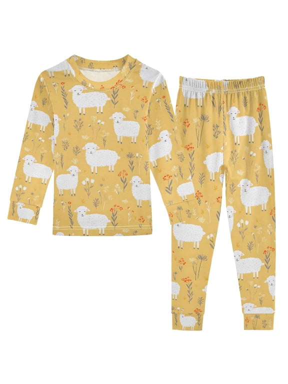 Cute Sheeps Flowers Kids 2 Piece Long Sleeve Tee and Pants Pajama Set 3T