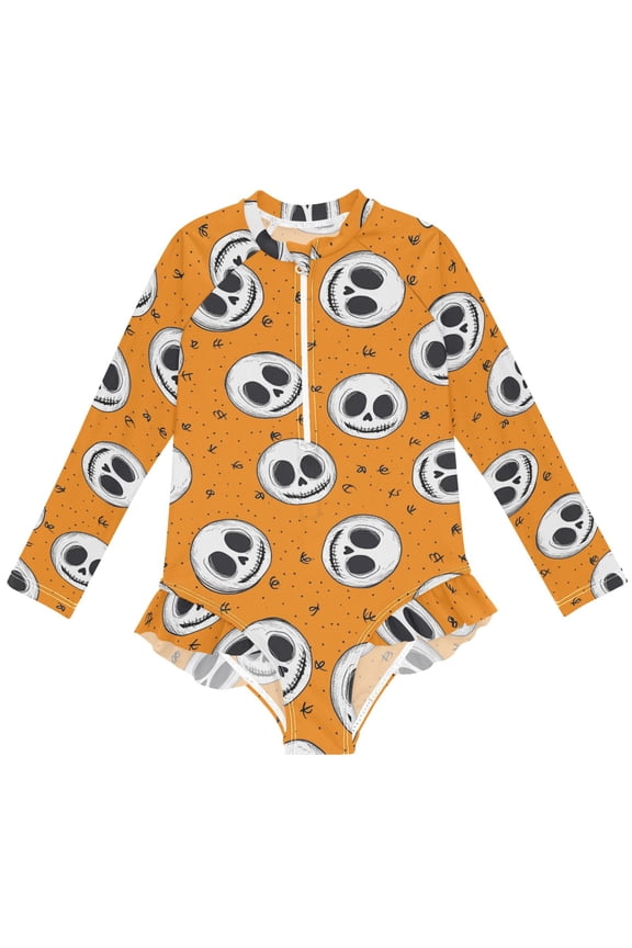 Cute Skeletons Pattern Girls One-Piece Swimsuits UPF 50+ Long Sleeve Rash Guard Bathing Suit 7-8 Years