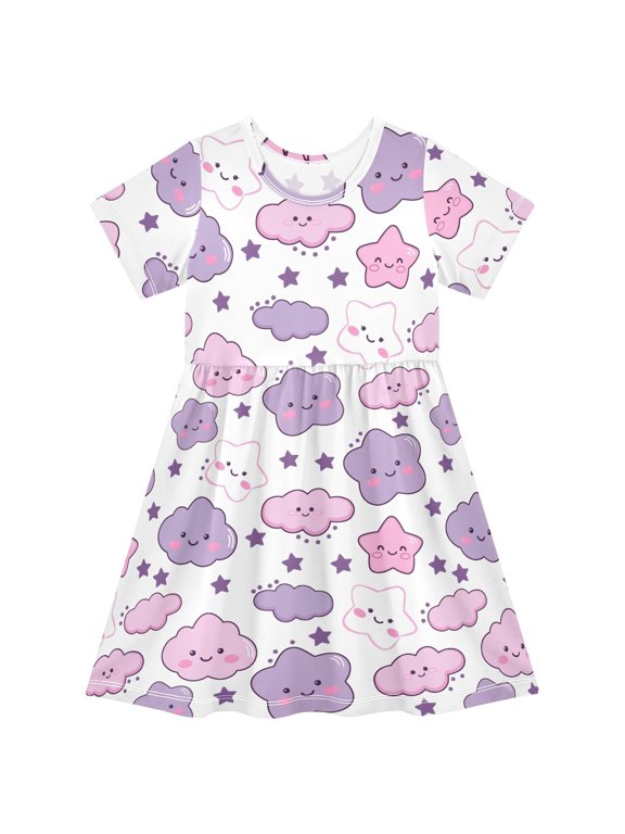 Cute Stars Cloud Girls' Short Sleeve Dress Kids Dresses 7-8T