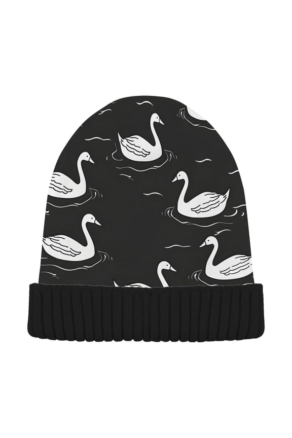 Cute Swan and Water Wave Beanie Hats Men Women Cuffed Skull Cap Winter Warm Knit Thick Beanies