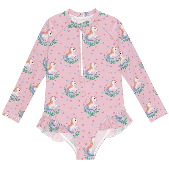 joogoo Cute Unicorn Pattern Girls One-Piece Swimsuits UPF 50+ Long Sleeve Rash Guard Bathing Suit 4 Years