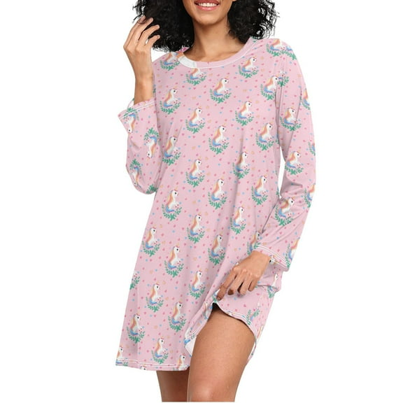 joogoo Cute Unicorn Women's Long Sleeve Nightgown Sleepwear XXL