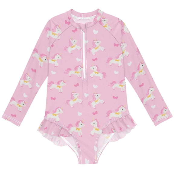 joogoo Cute Unicorns Pattern Girls One-Piece Swimsuits UPF 50+ Long Sleeve Rash Guard Bathing Suit 3 Years