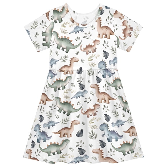 joogoo Cute Vintage Dinosaurs Girls' Short Sleeve Dress Kids Dresses 5-6T