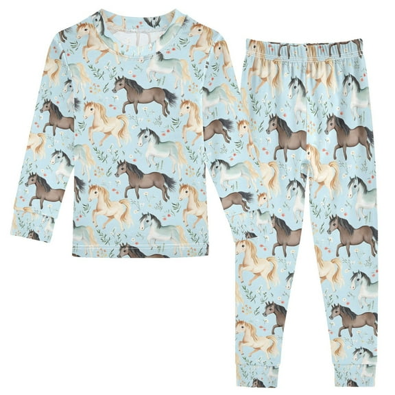 joogoo Cute Watercolor Horse Pajamas Set Long Sleeve Soft Cotton Sleepwear 2 Piece 24M