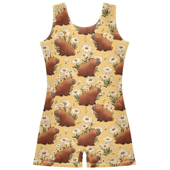 joogoo Daisy Brown Capybara Pattern Girls Leotards Gymnastics Tumbling Outfit Biketard Unitard 9-10Years
