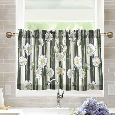joogoo Daisy Floral on Stripe Curtains Sets Half Window Cafe Farmhouse Tier 2 Panels Short Curtain Rod Pocket 27"W x 24"L