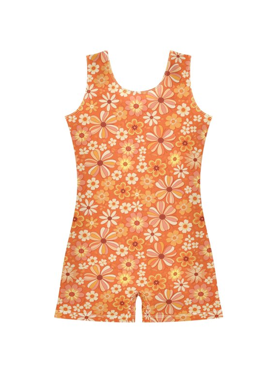 Daisy Retro Flower Pattern Girls Leotards Gymnastics Tumbling Outfit Biketard Unitard 9-10Years