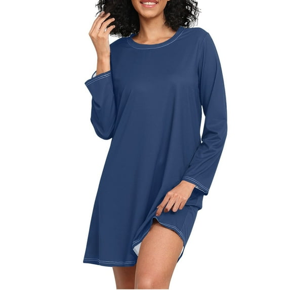 joogoo Dark Blue Paint Women's Long Sleeve Nightgown Sleepwear XXL